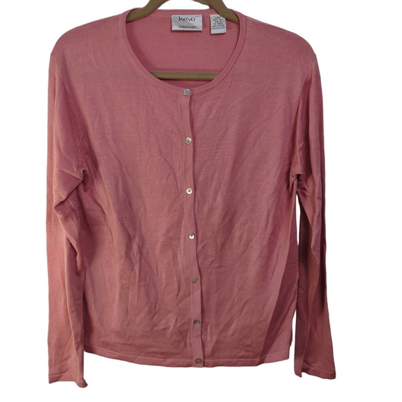 Kevo Collection Pink 100% silk Button up cardigan, long sleeve crew neck - Picture 1 of 8